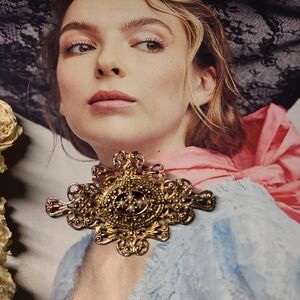 Filigree Brooch Goldtone Multicolors Soft Metal Lightweight 4 Tiny Faux Pearls